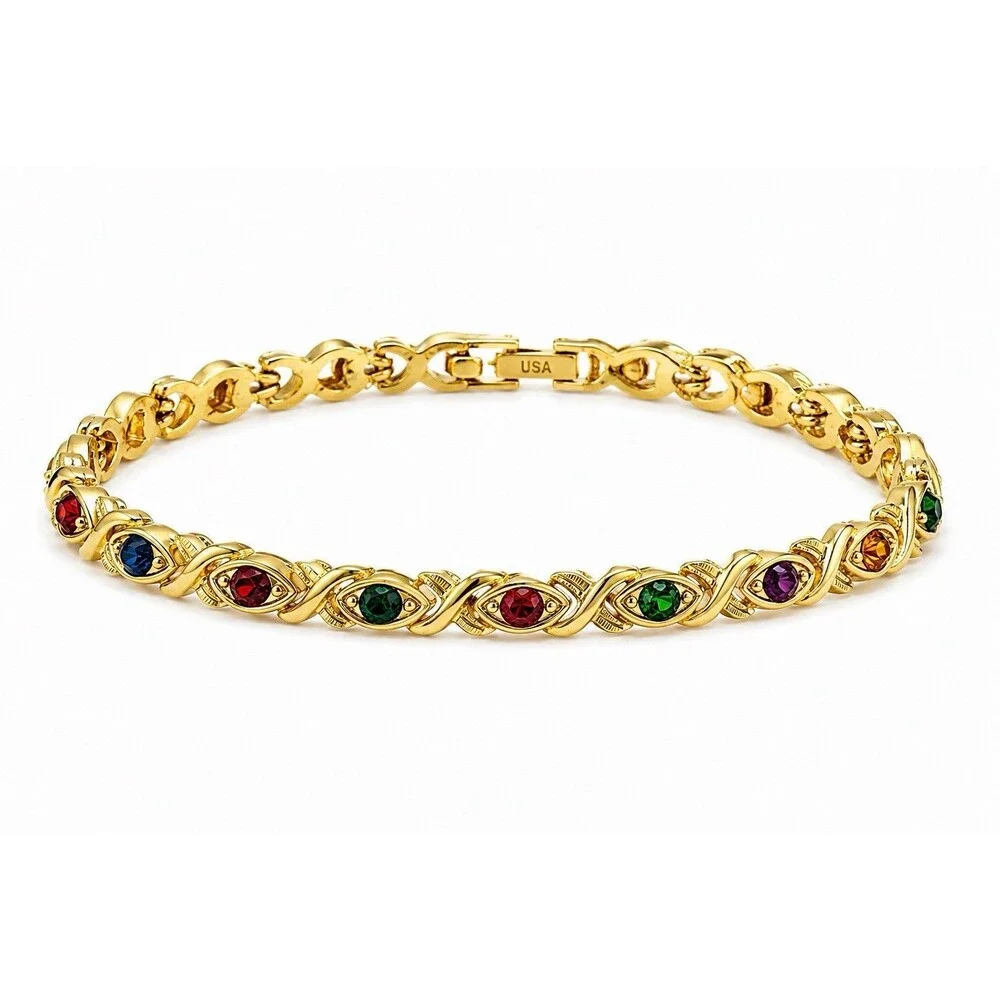 Vintage Blanca Gold Tone Jewel Tone Rhinestone XO Tennis Bracelet USA Marked